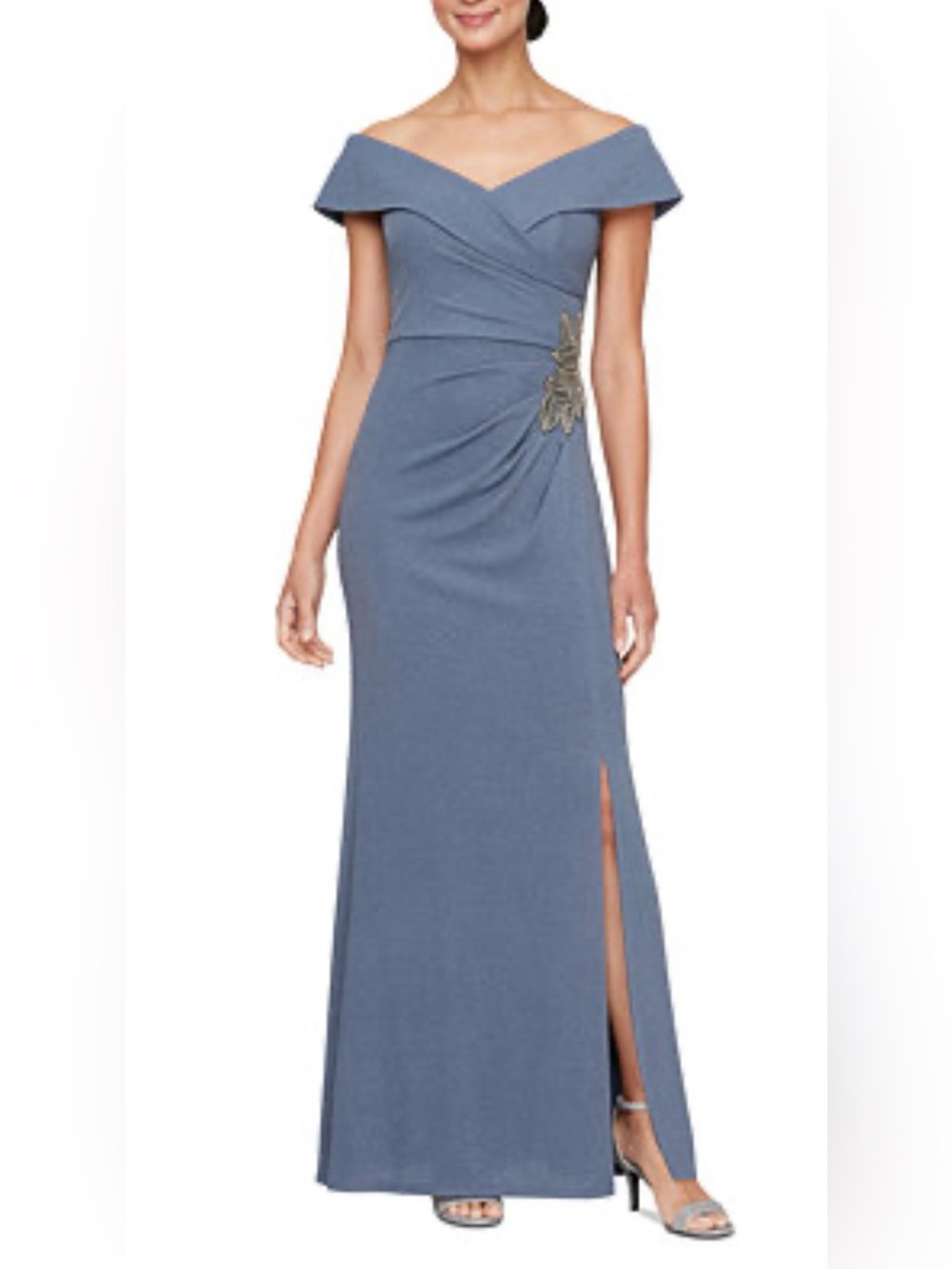 Alex Evenings Women Plus Off-Shoulder Dusty Blue Evening Gown with Side Slit 16W